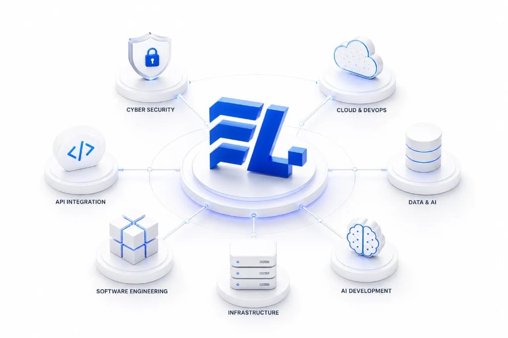 Entalogics technology ecosystem — cyber security, cloud and DevOps, data and AI, AI development, infrastructure, software engineering, and API integration