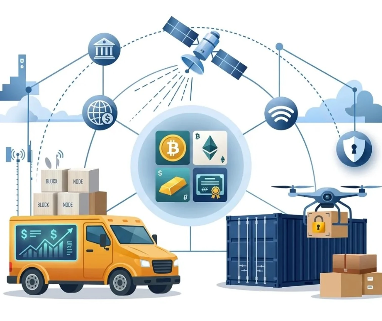Isometric logistics network with delivery van, drone, shipping container, satellite tracking, and connected digital asset hub