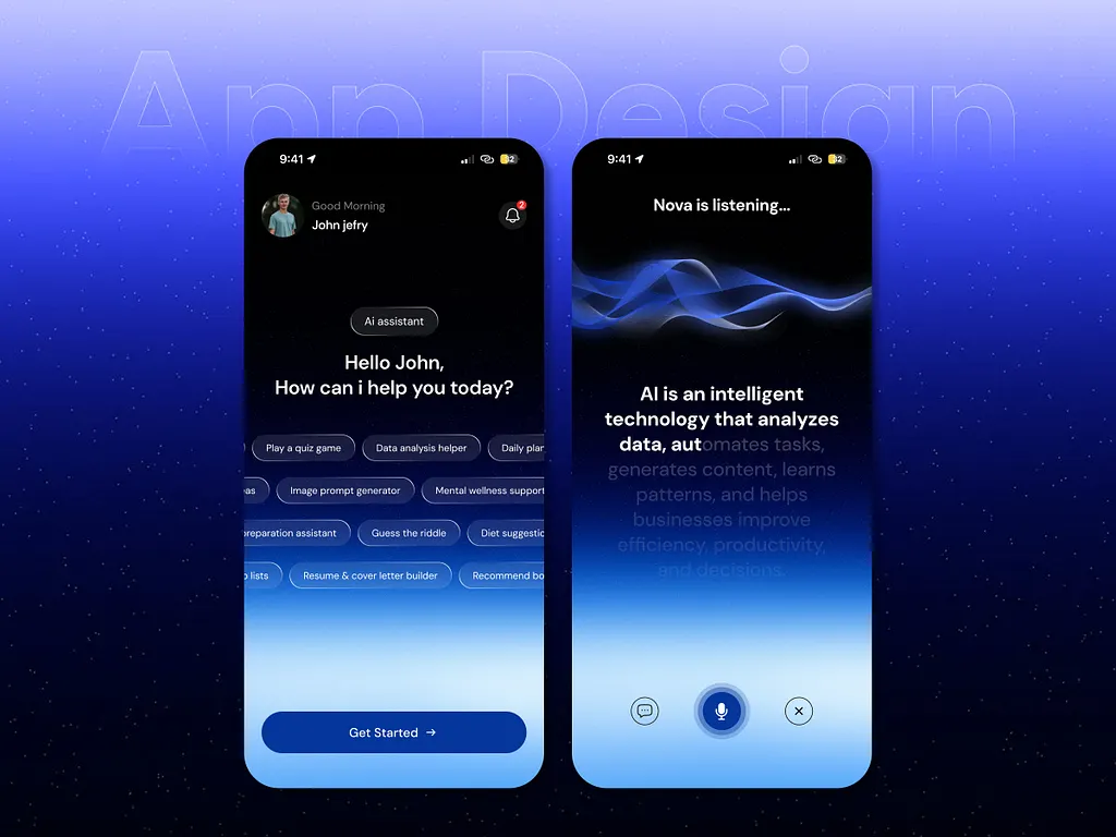 Nova AI assistant mobile app — home screen and voice interaction UI