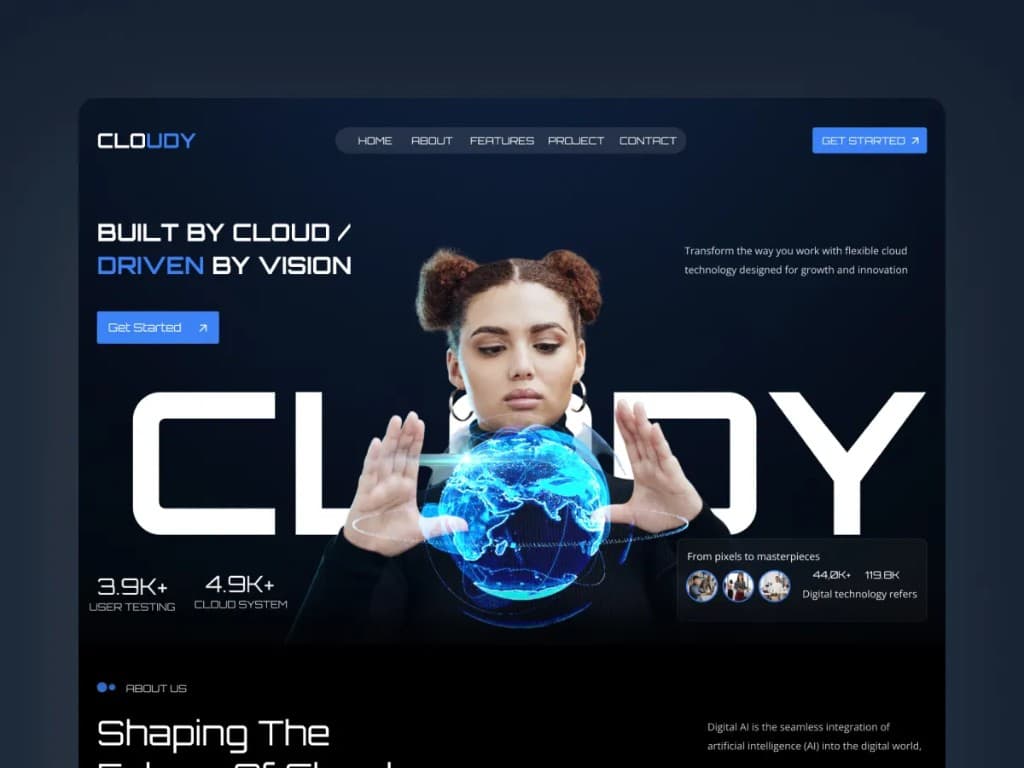 CLOUDY cloud platform website UI — hero with holographic globe, user stats, and navigation by Entalogics