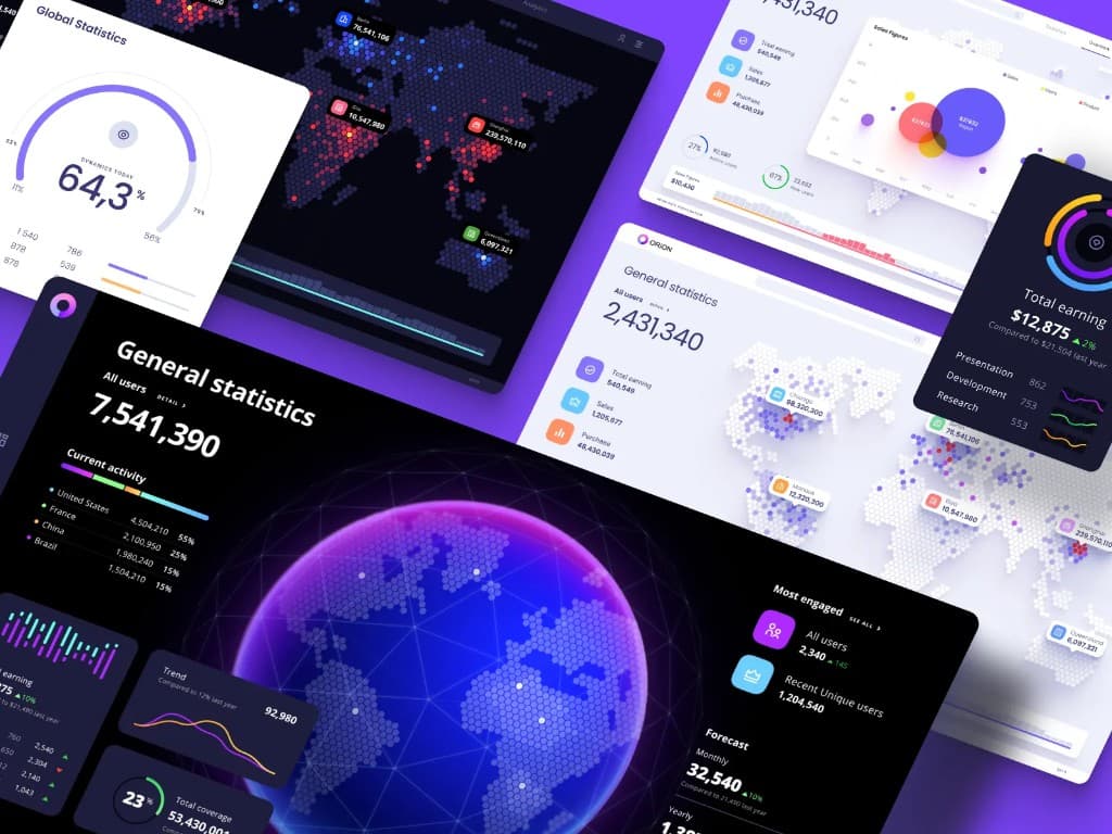Desktop analytics dashboards — global statistics, hex map data viz, ORION metrics, and earnings UI built by Entalogics