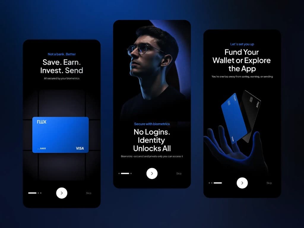 High-fidelity fintech mobile app UI — FLUX onboarding screens for save, earn, invest, and biometric security built by Entalogics