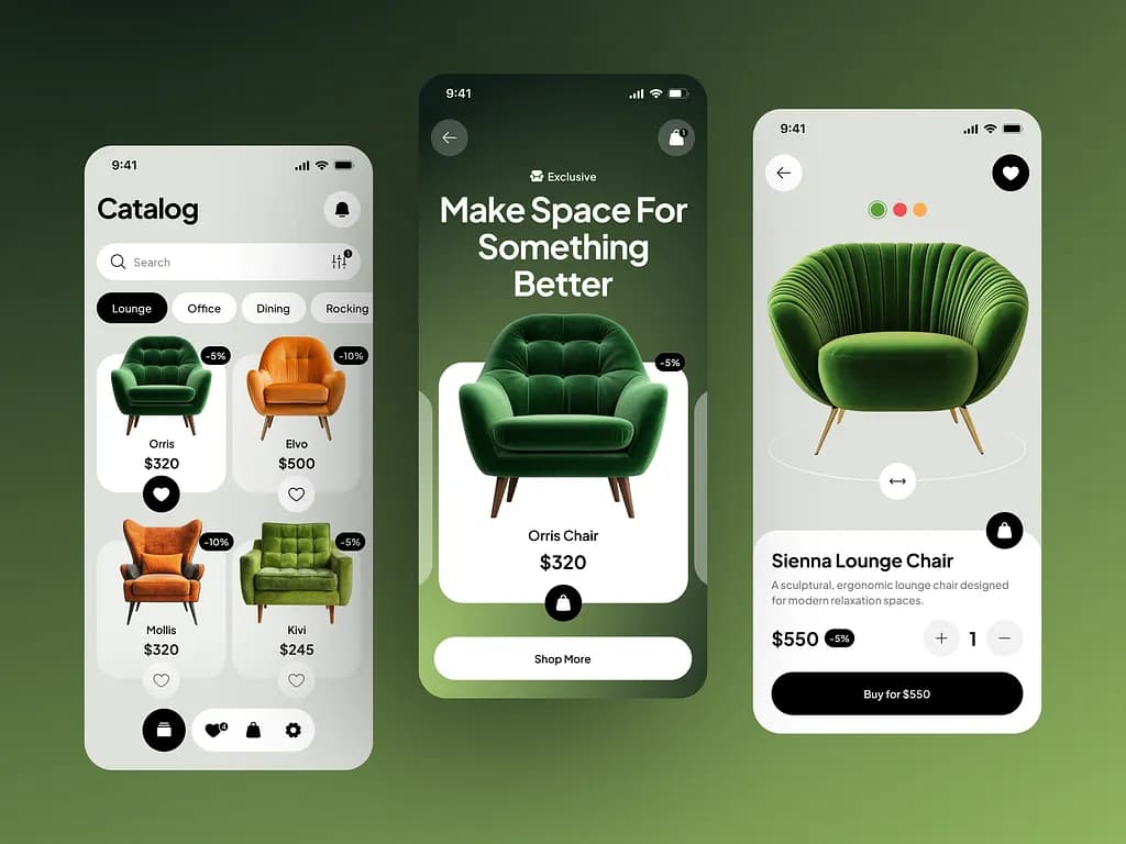 Mobile SaaS product UI — catalog, featured product, and product detail screens