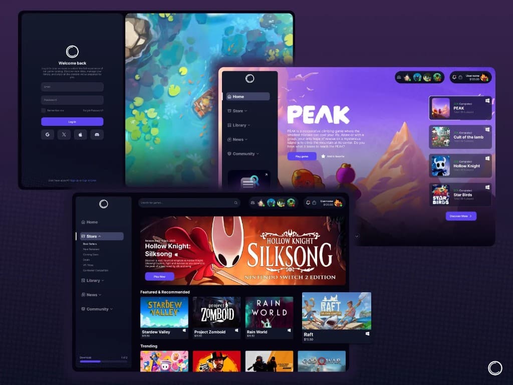 Gaming platform UI — login, storefront dashboard, game detail, and library screens designed by Entalogics