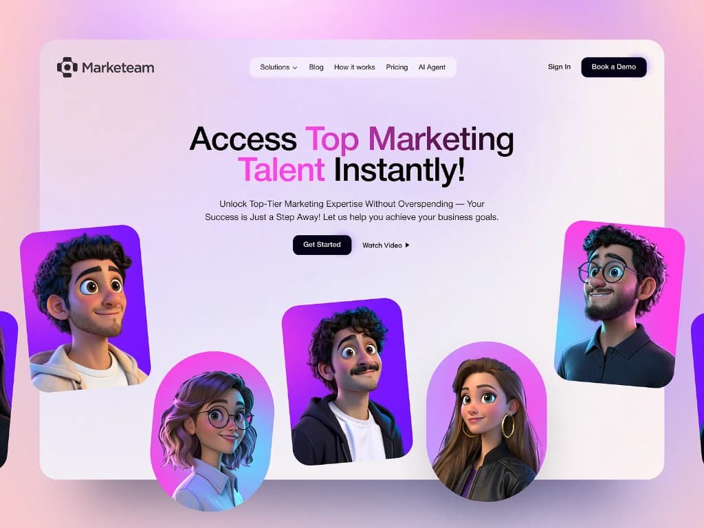 SaaS marketing platform hero — Marketeam landing page with talent headline and 3D avatar team built by Entalogics