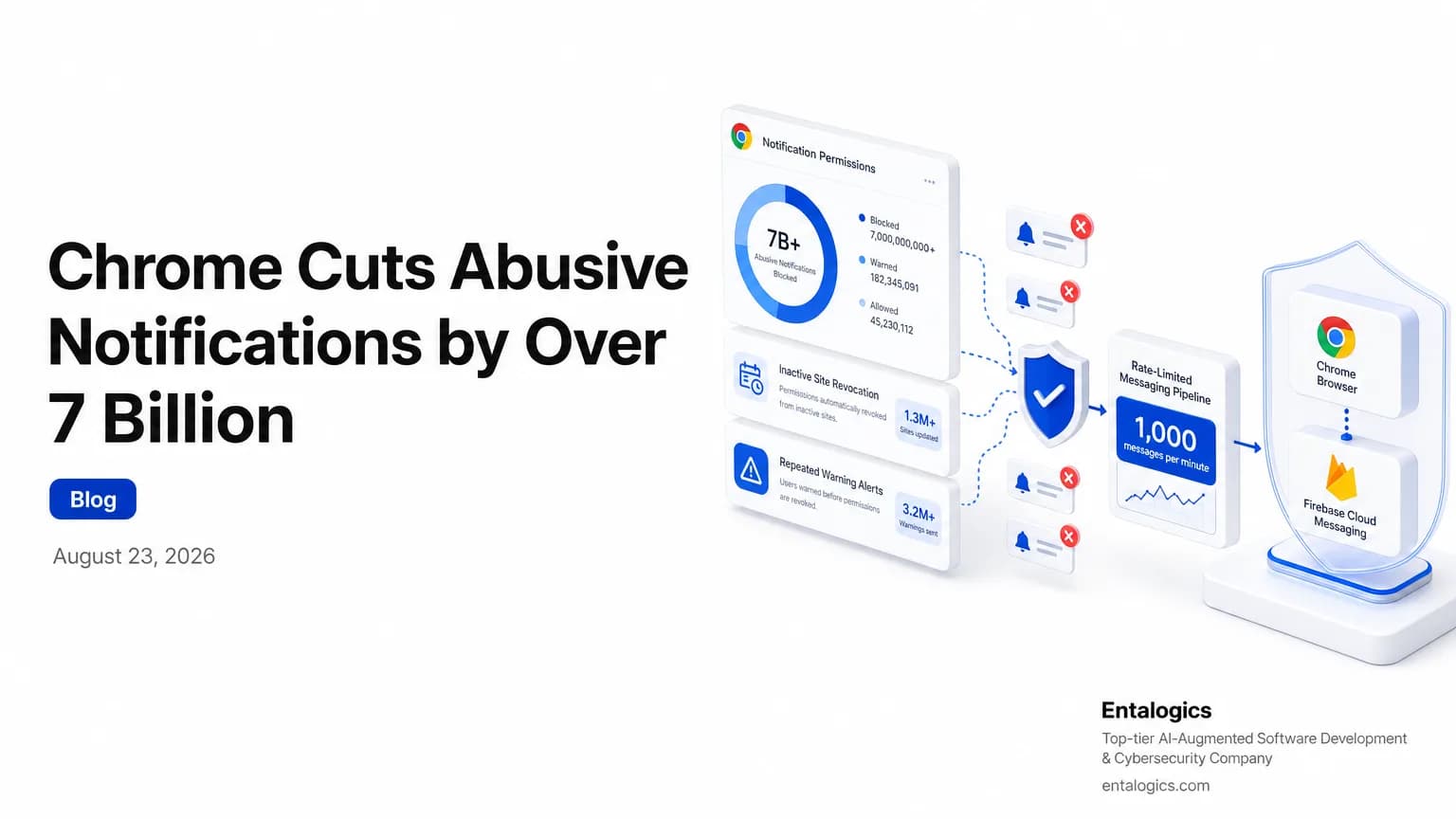 Doodle illustration showing Chrome notification protection with revoked site permissions, warning alerts, and blocked spam messages at scale