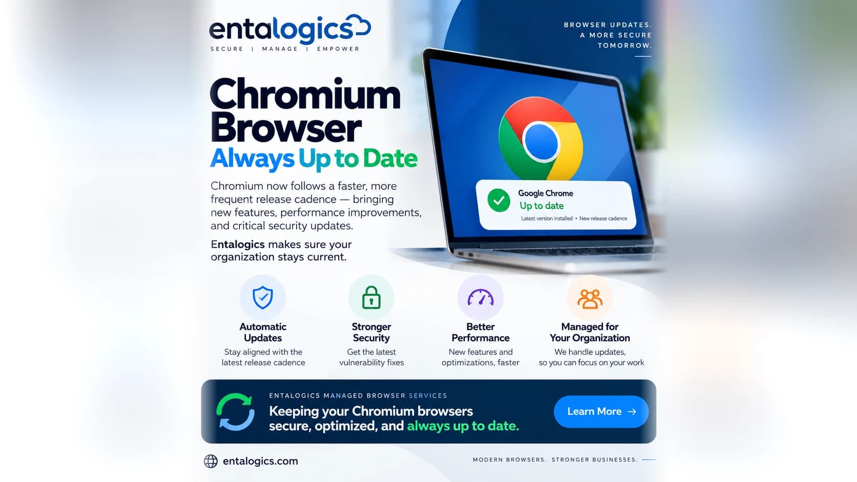 Entalogics infographic titled "Chromium Browser: Always Up to Date" showing a laptop with a Chrome "Up to date" badge and four benefits: automatic updates, stronger security, better performance, and managed for your organization