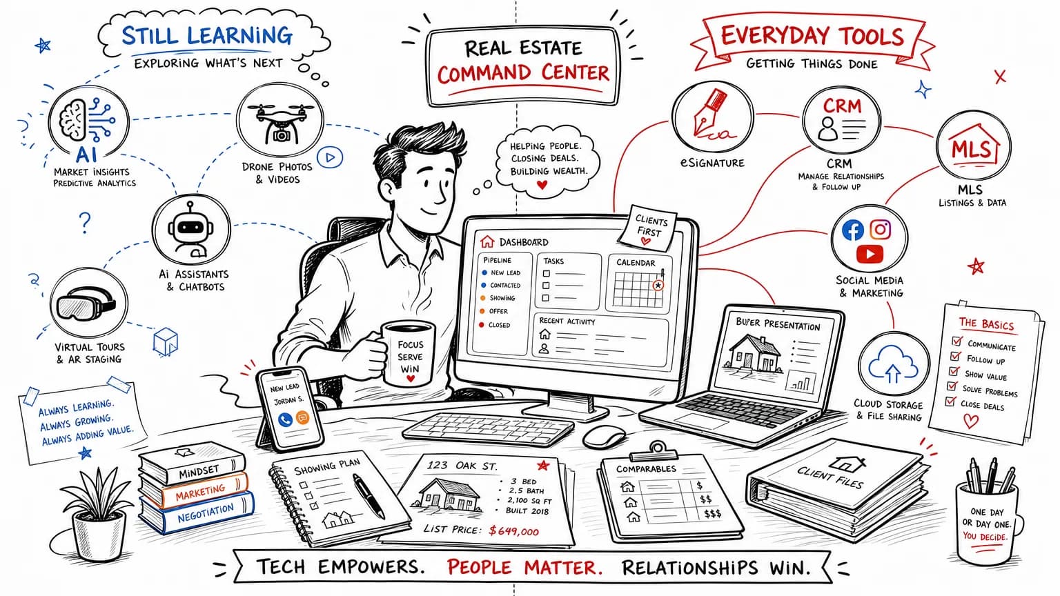 Doodle illustration showing a desktop real estate workflow centered on eSignature, CRM, MLS, AI, and cloud tools, with the primary keyword desktop workflows still matter in real estate tech