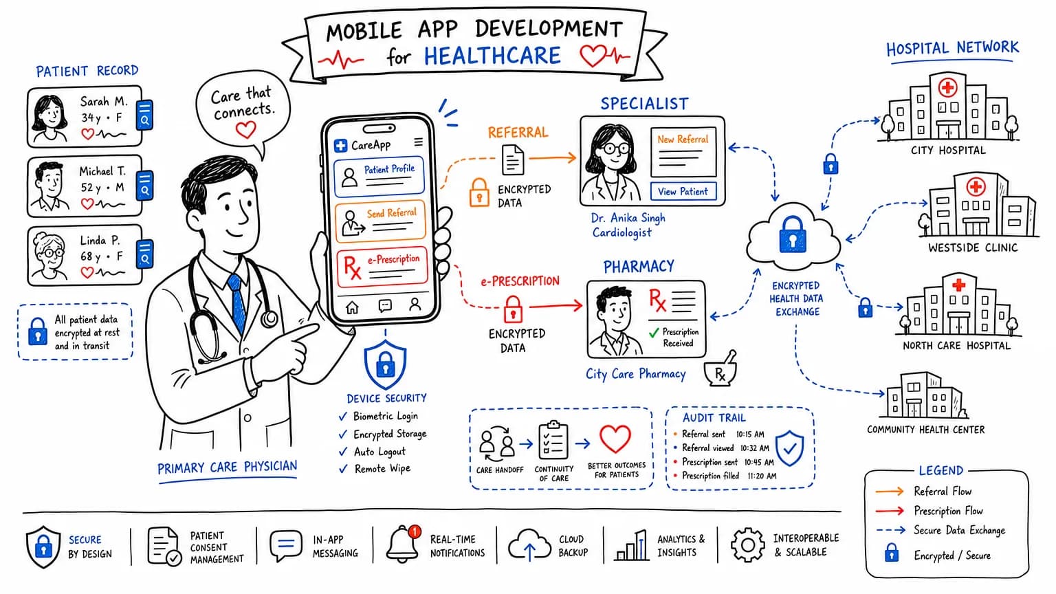 Doodle illustration showing mobile app development for healthcare with a physician sending a referral and e-prescription through a secured phone
