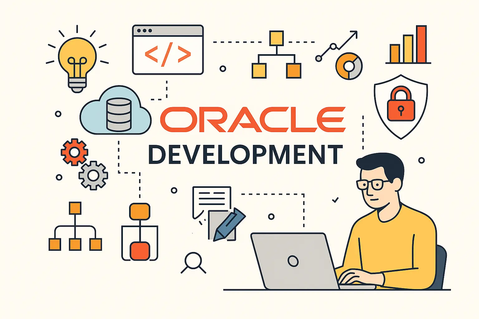 Illustration of Oracle development: developer at a laptop among cloud database, security shield, and code icons