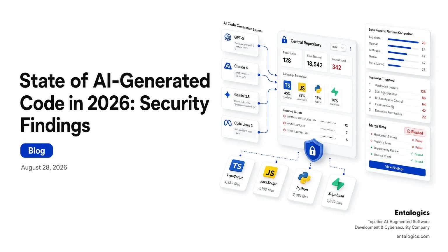 Doodle illustration showing AI-generated code security findings across multiple app cards, scan results, and blocked merge checks