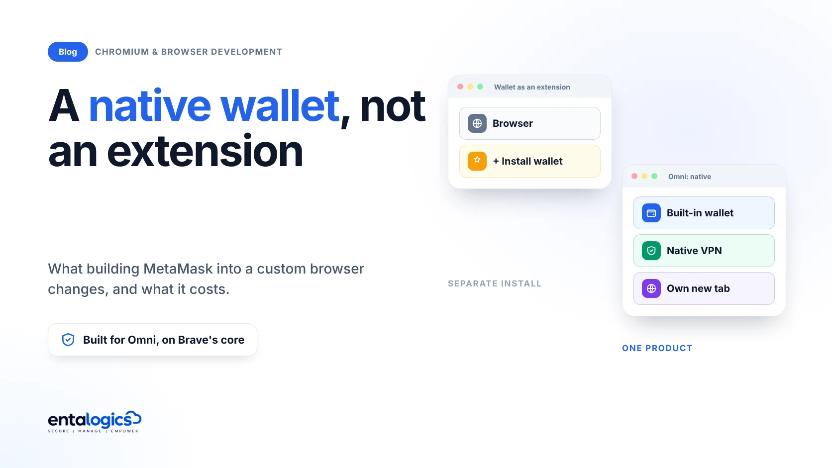 Light cover reading "Native wallet, not an extension" beside a browser window with a built-in wallet and VPN, compared with a wallet added as an extension