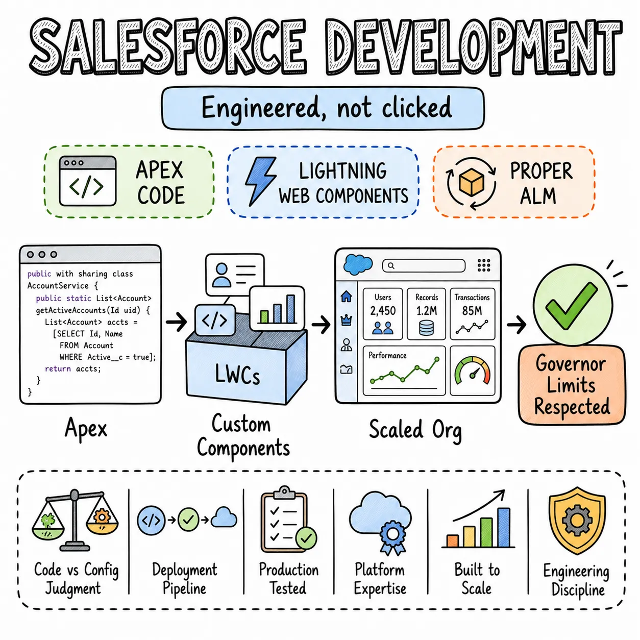 Salesforce development — Apex code, Lightning Web Components, proper ALM, and governor limits respected