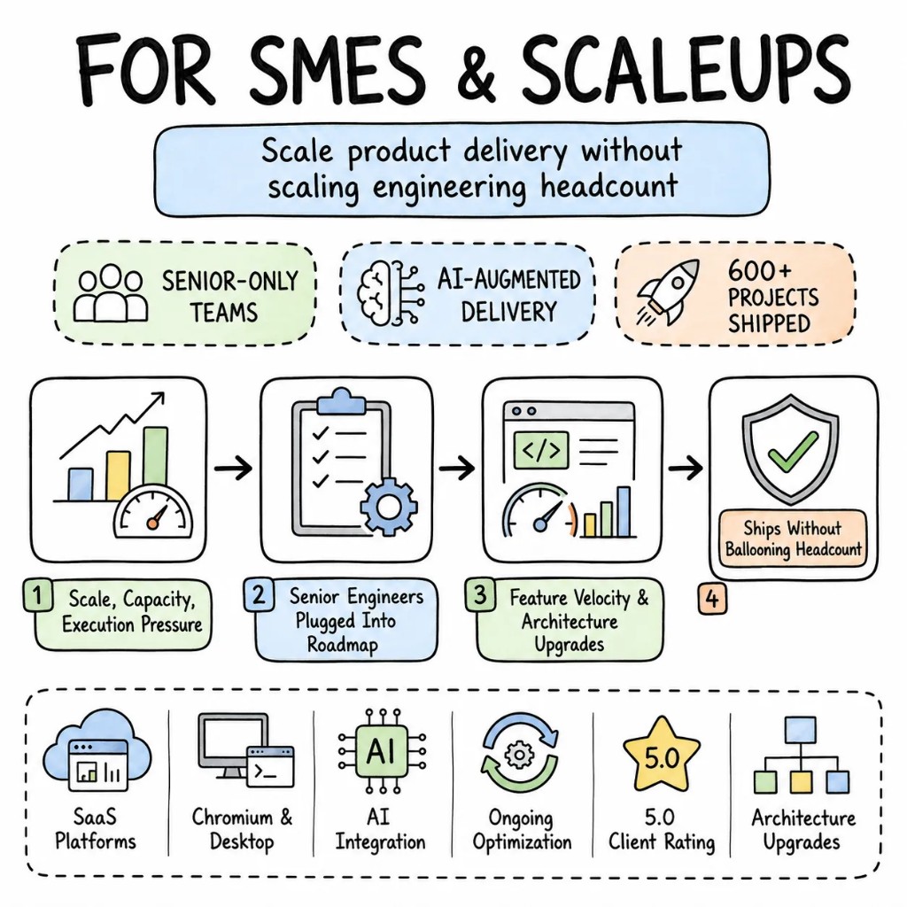For SMEs and scaleups — senior-only teams, AI-augmented delivery, and product velocity without ballooning headcount