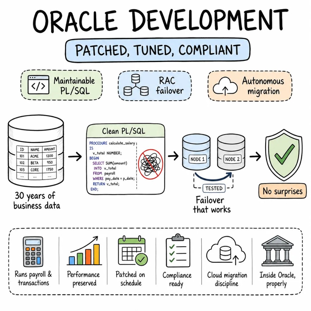 Oracle development — maintainable PL/SQL, RAC failover, and autonomous migration for patched, tuned, compliant databases