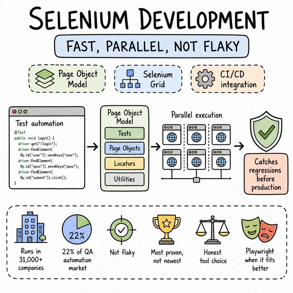 Selenium development — Page Object Model, Selenium Grid parallel execution, and CI/CD integration that catches regressions before production