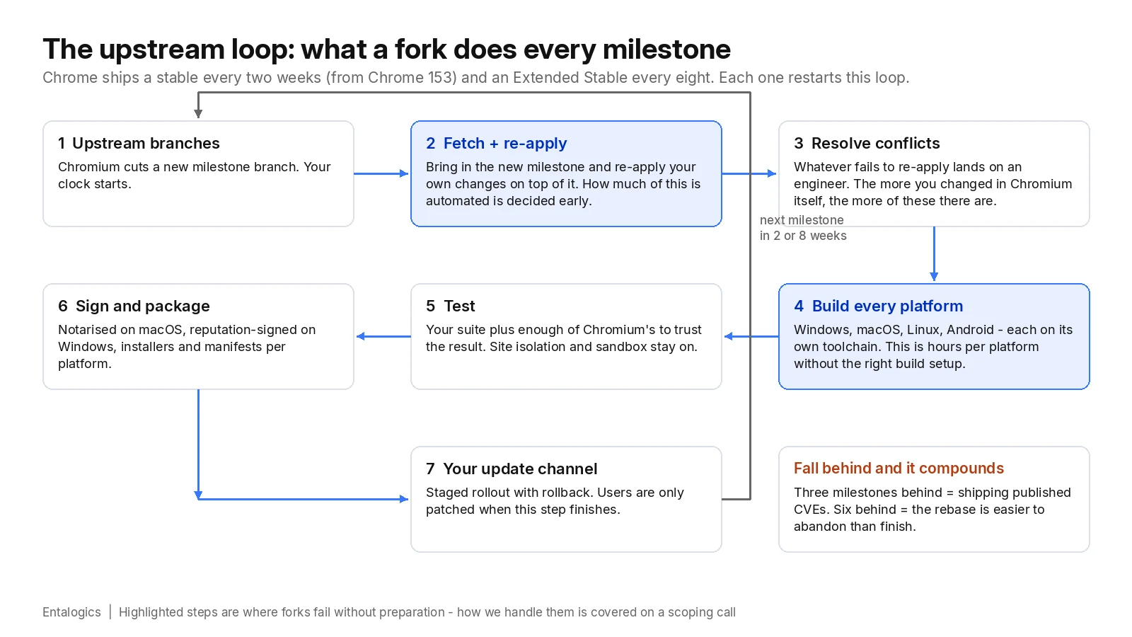 The upstream loop a Chromium fork runs every milestone: upstream branches, fetch and re-apply your changes, resolve conflicts, build on every platform, test, sign and package, ship through your own update channel — then again in two or eight weeks